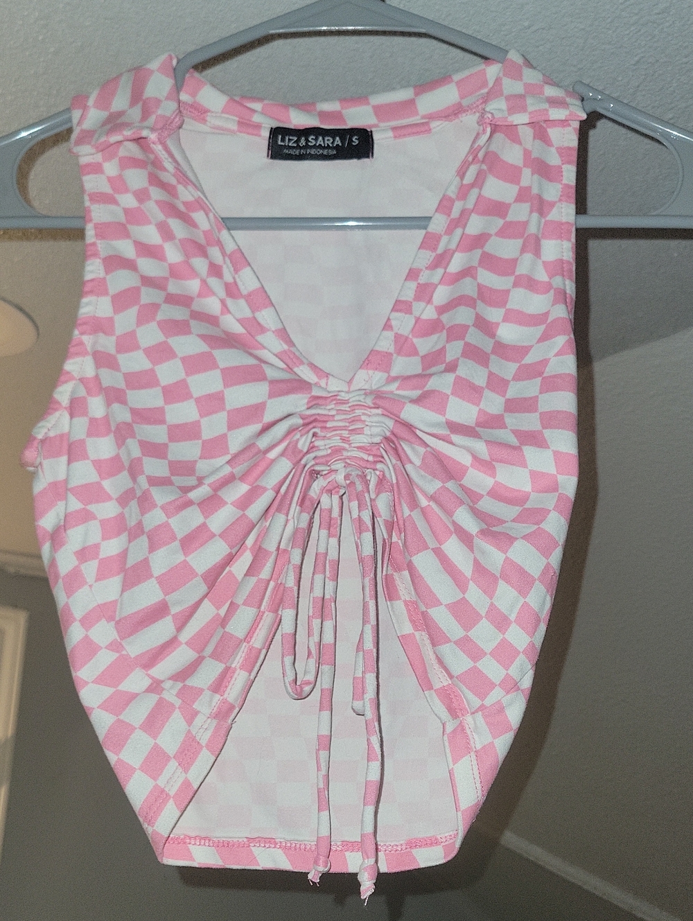 Pink Checkered Drawstring Sleeveless Top